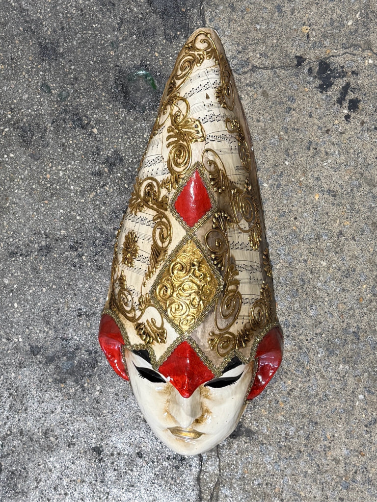 Venetian Carnival mask, red/gold harlequin, 22"L x 9.5"W x 6"D