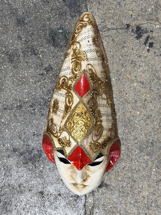 Venetian Carnival mask, red/gold harlequin, 22"L x 9.5"W x 6"D