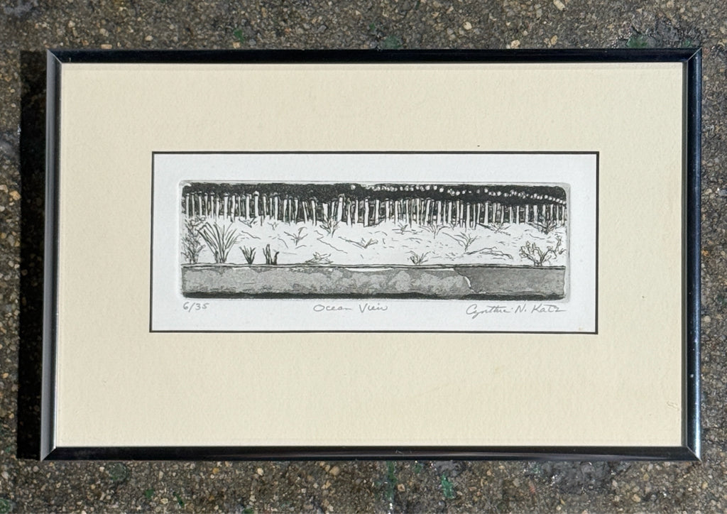 Cynthia Katz etching, Ocean View, black/white, 12"W x 7.5"H x 1"D