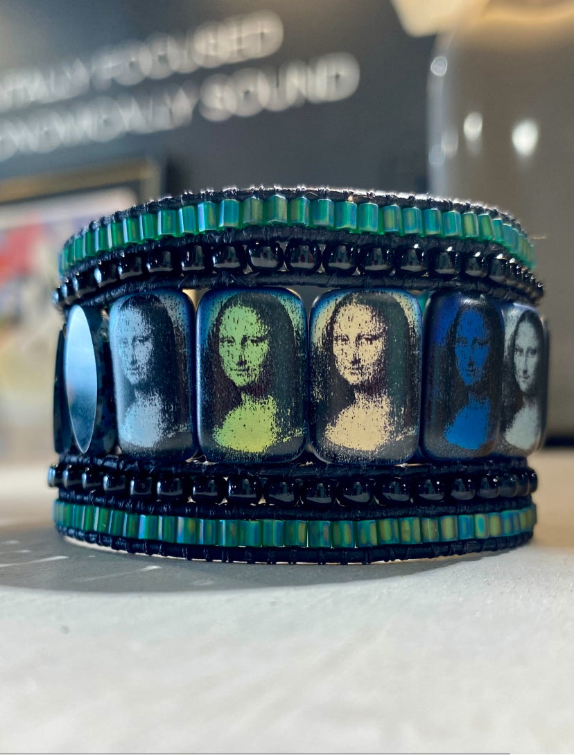 Cuff bracelet, Mona Lisa, 5 beaded rows, black/multi