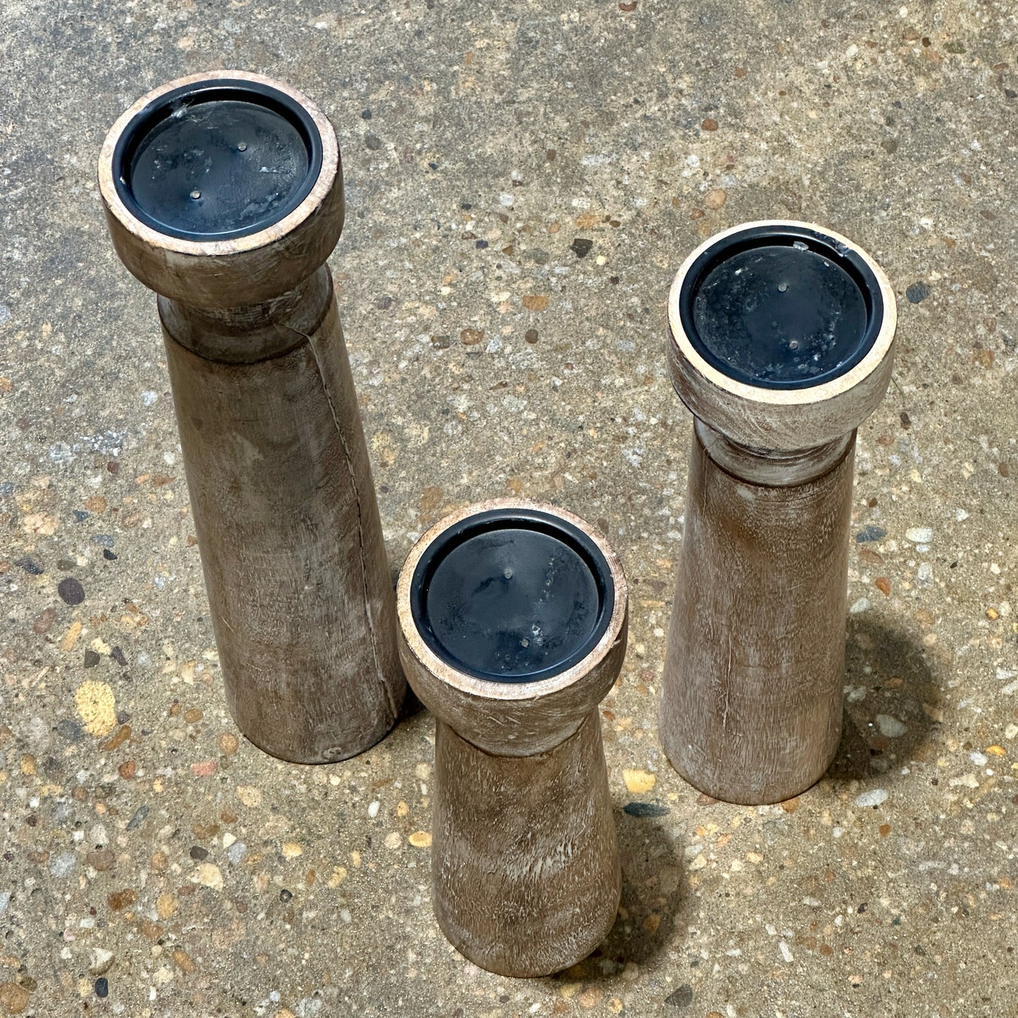 Set of 3 Mango Wood Pillar Candleholders, 4" Dia x 17.5" H, 14.5" H, & 12" H