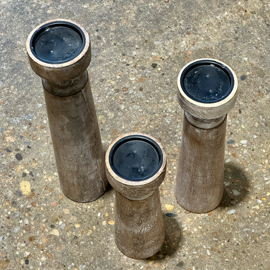 Set of 3 Mango Wood Pillar Candleholders, 4" Dia x 17.5" H, 14.5" H, & 12" H