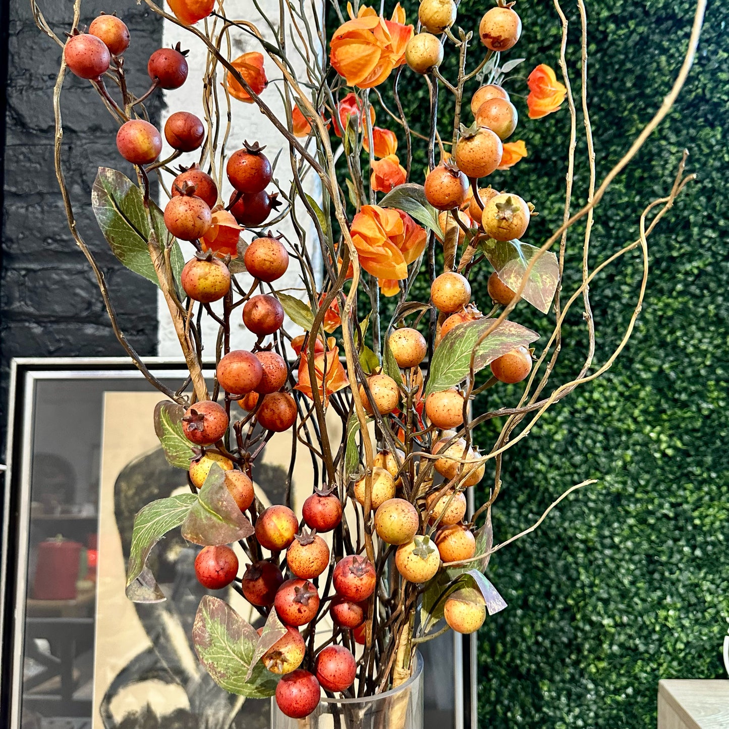 Faux Fall Foliage Arrangement in Cylindrical Glass Vase, ~16" W x ~45" H