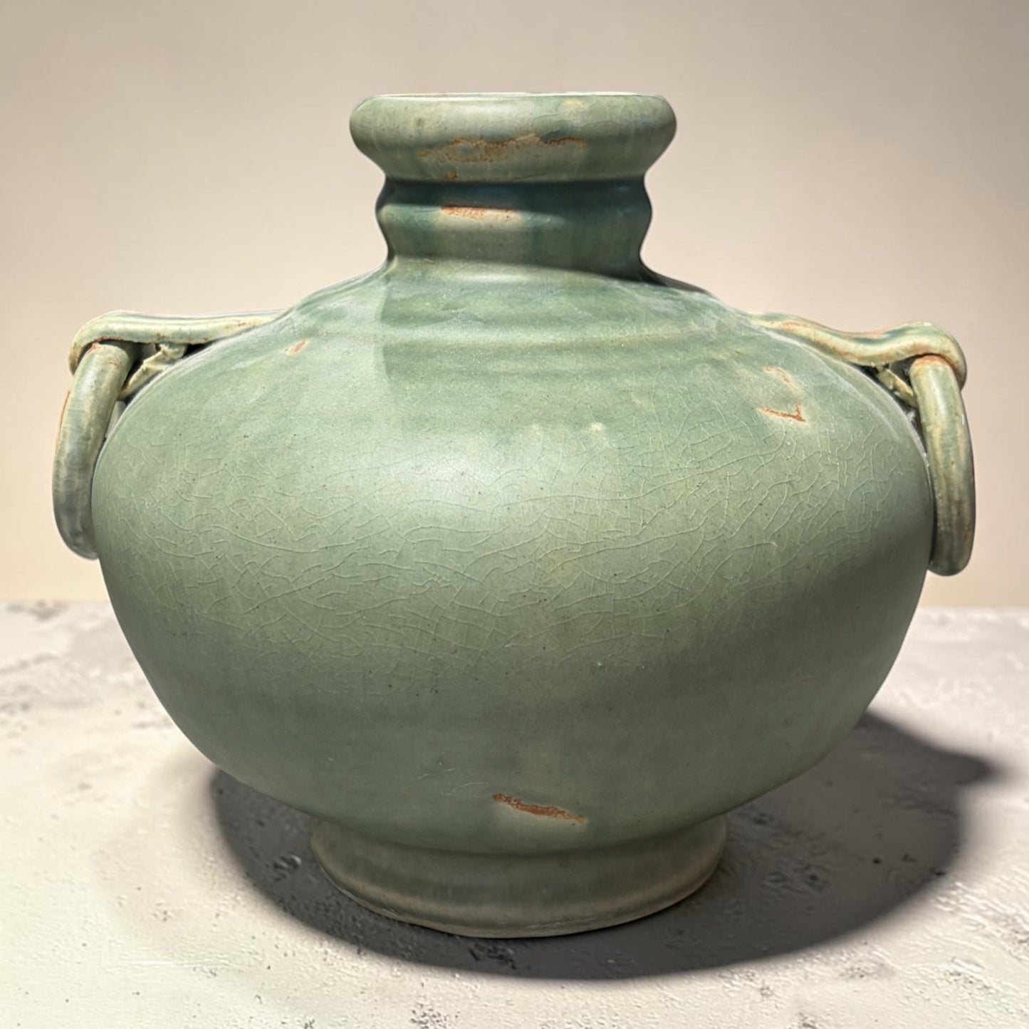 Chinese Celadon Ring Handled Pottery Jug, 8"H x 9"W