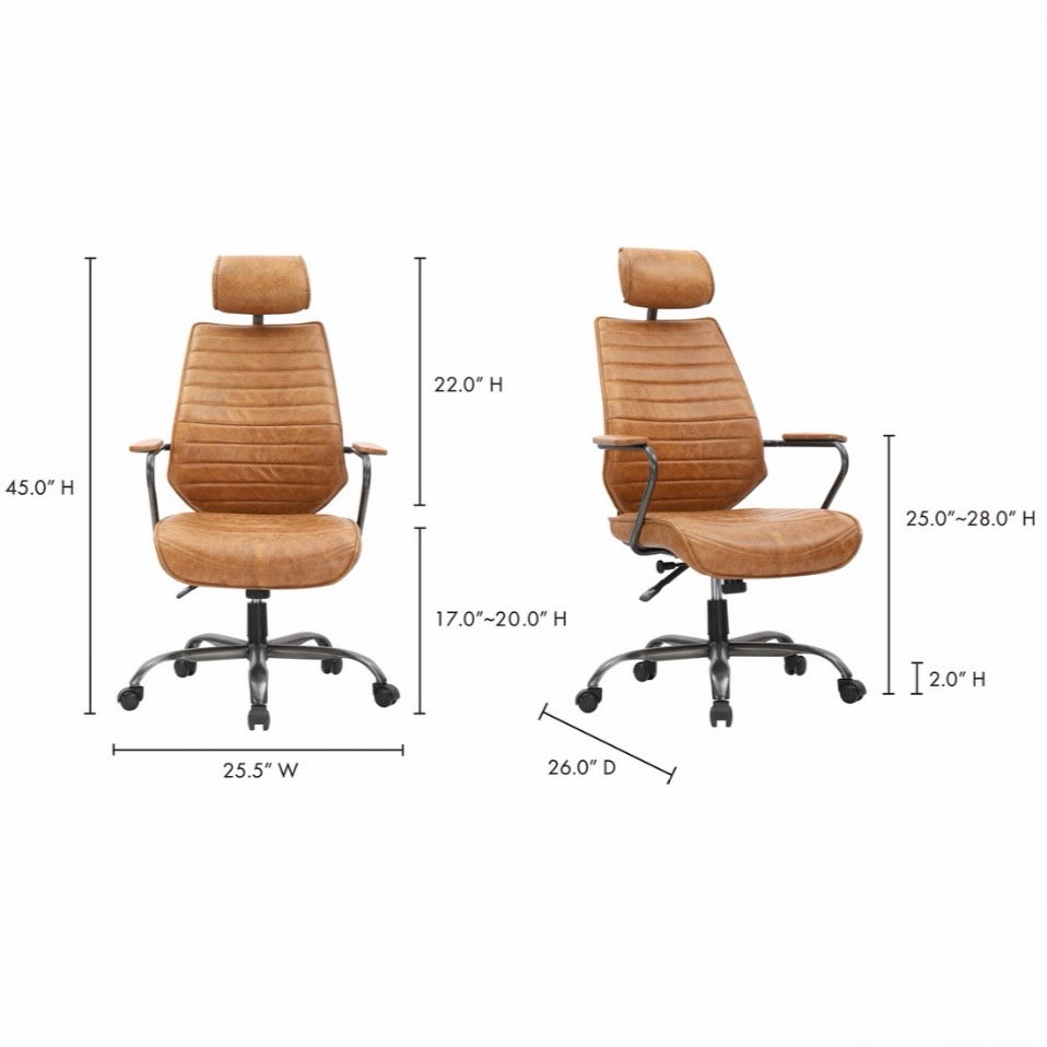 Executive Office Chair, Top Grain Leather, 25.5" x 26"D x 45"H