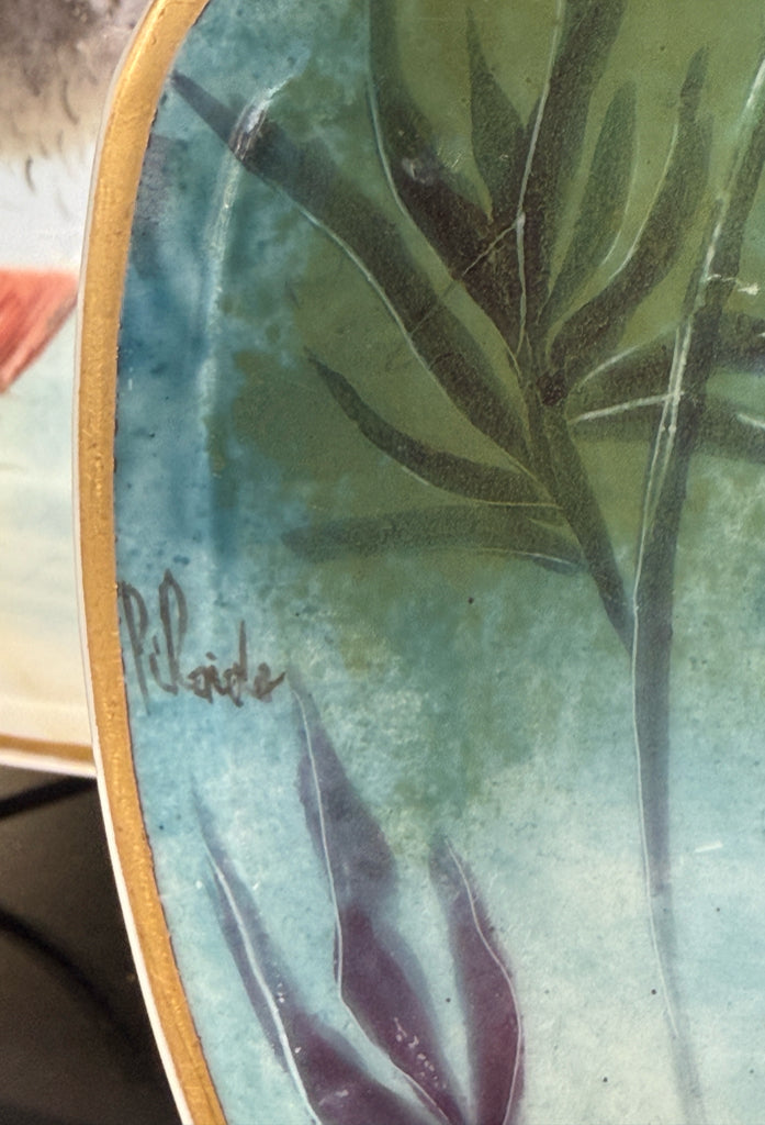 Antique Limoges platter w/8 plates, handpainted fish