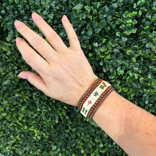 Vintage Mahjong Tile Cuff Beaded Bracelet, 1.15"W x 7.2"L, Carrie Prince