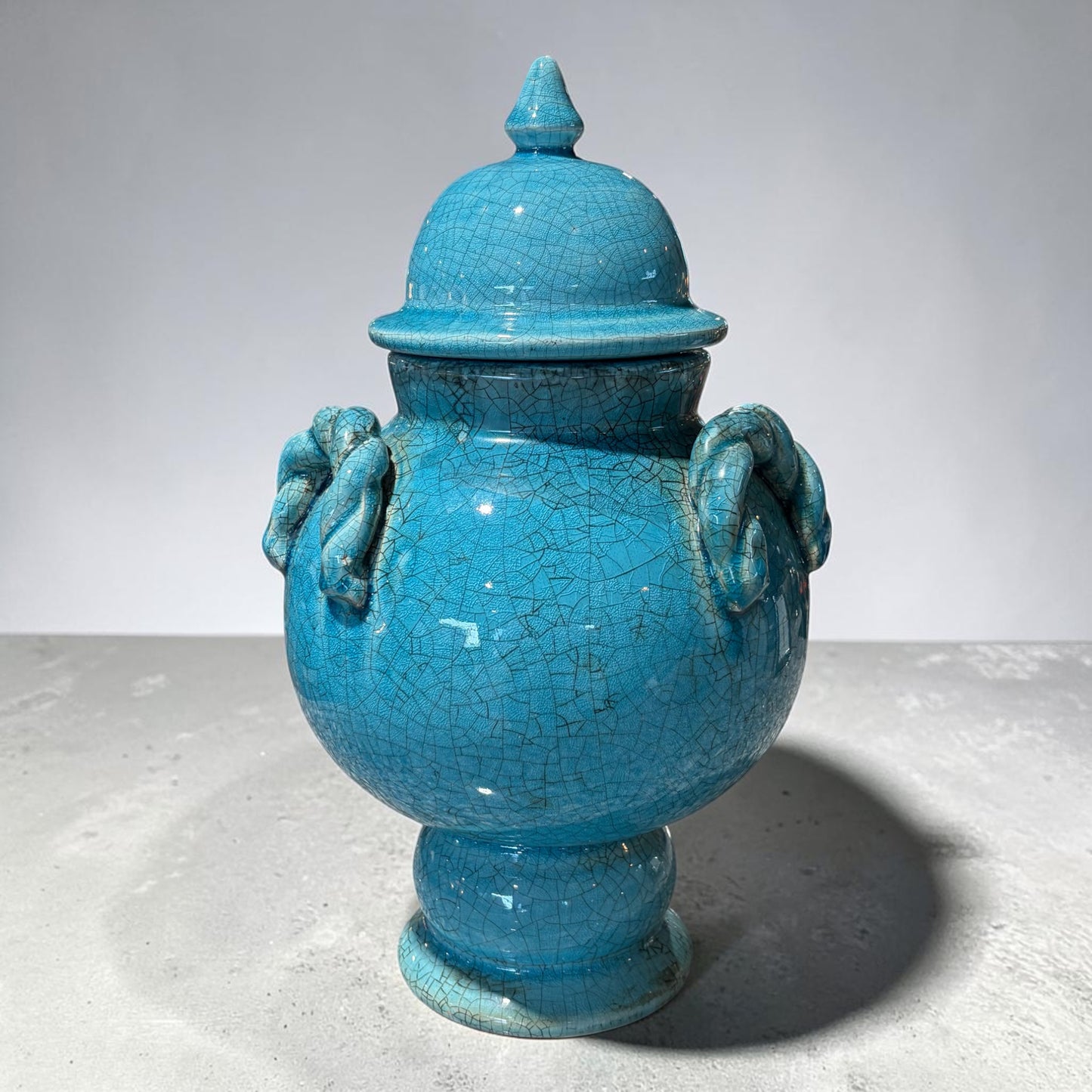 Crackle Finish Aqua Colored Lidded Jar, 14.5"H x 9"Dia