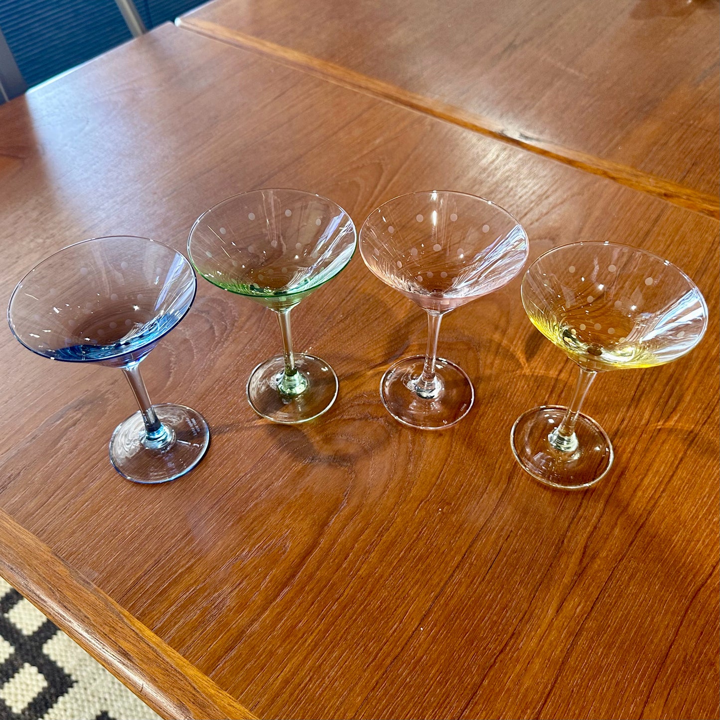 Set of 4 Kate Spade Martini Glasses, Multicolor Polka Dot Crystal, 5" H x 3.5" W