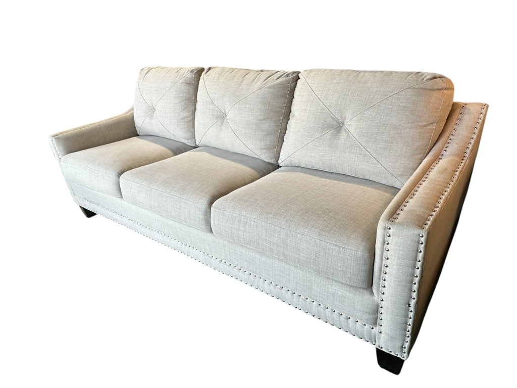3 seat sofa w/nailhead trim, sand, 90"W x 33"D x 36"H