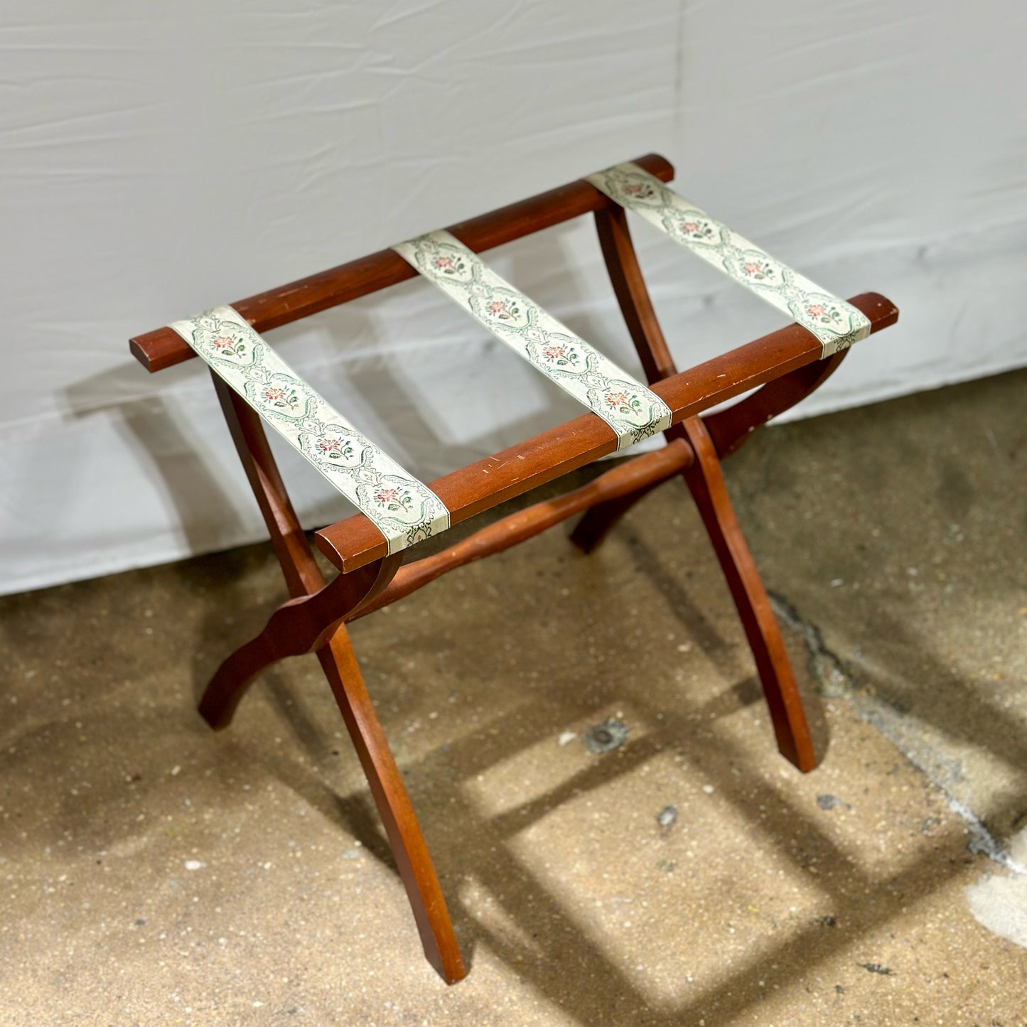 Vintage Folding Wood Luggage Rack, Green & Pink Floral, 22.5"L x 13.25"W x 20"H
