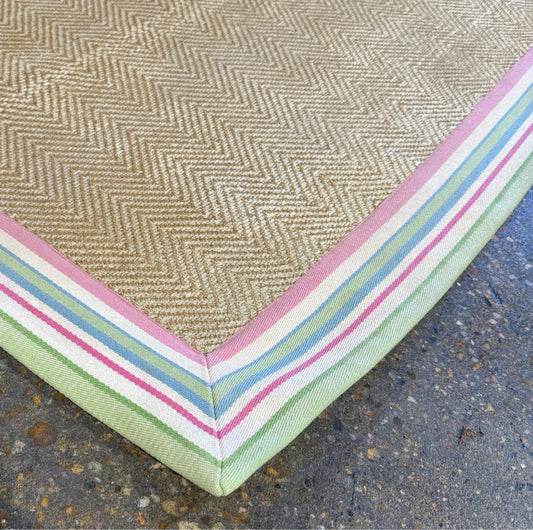 Pastel bound sisal rug, cleaned, but AS IS, 9'11" x 7'10"
