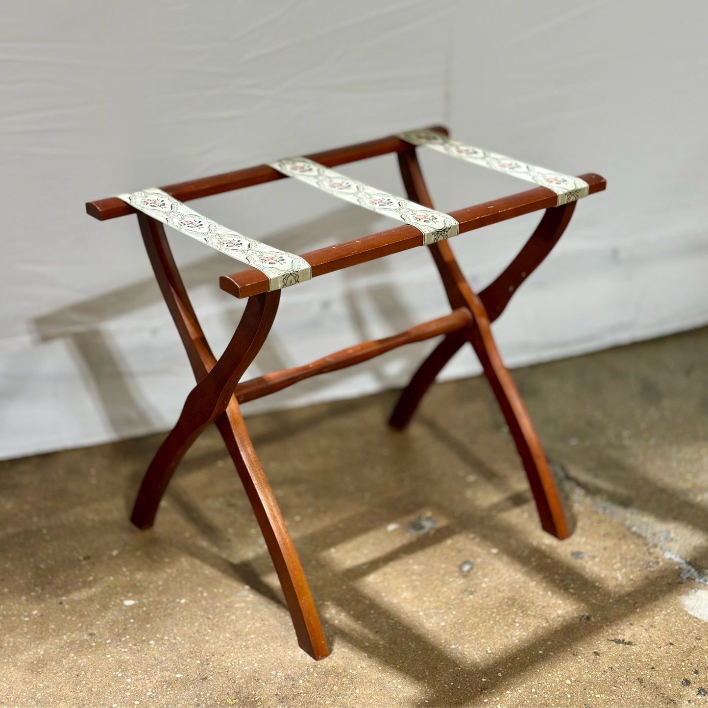Vintage Folding Wood Luggage Rack, Green & Pink Floral, 22.5"L x 13.25"W x 20"H