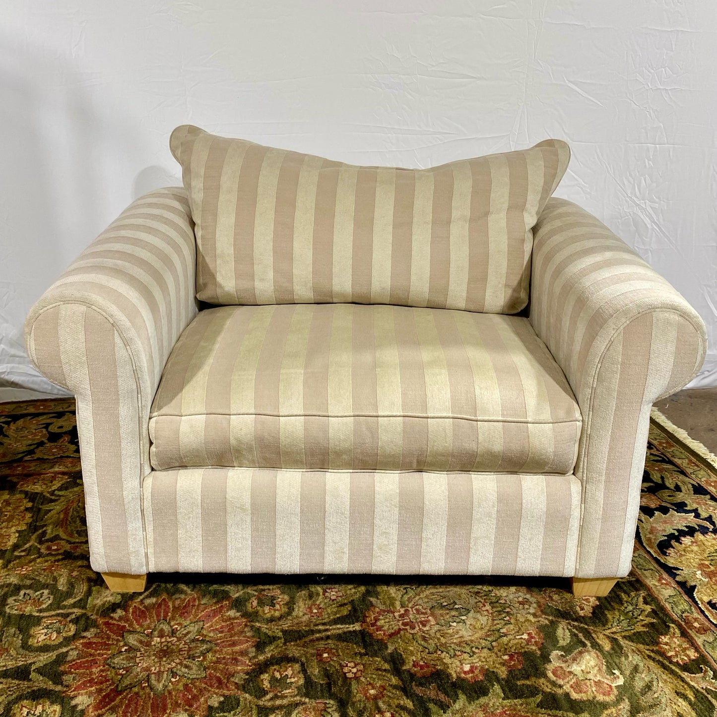Cream Stripe Chair & Ottoman, 50'W x 61"D x 30"H