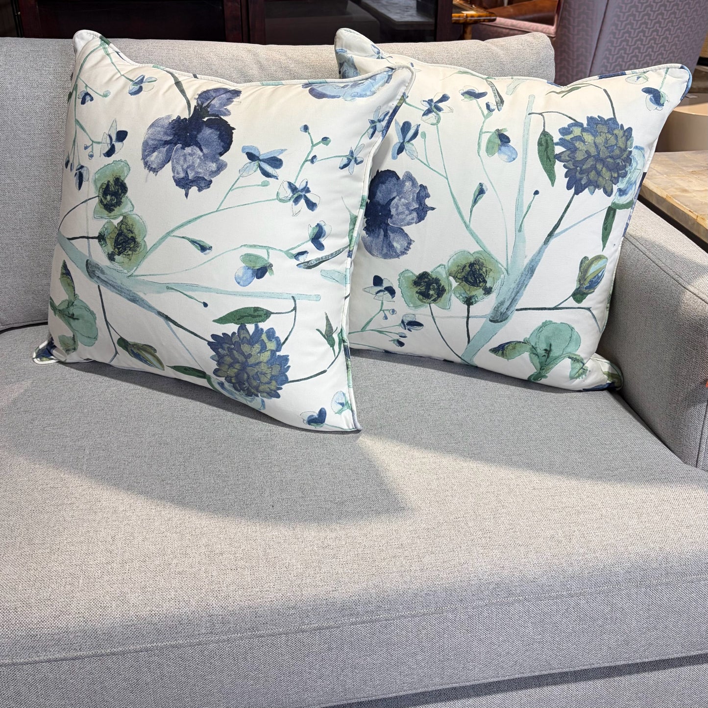 Pair of Watercolor Floral Pillows, Ivory/Blues/ Greens, 19"W x 19"H x 10"D