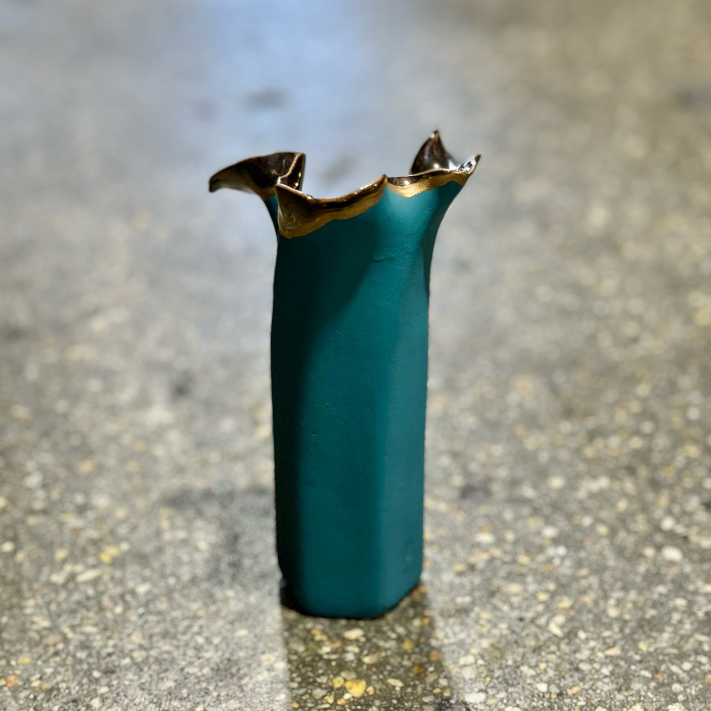 Abstract Teal & Gold Ceramic Bud Vase, 3.5" L x 3" W x 6" H