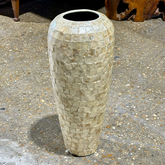 Large Decorative Capiz Style Vase, Light Gold, 8" Dia x 21" H