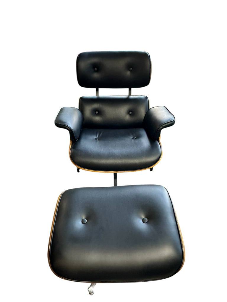 Eames-style chair & ottoman, black leather/veneer, 33"W x 35"D x 30"H