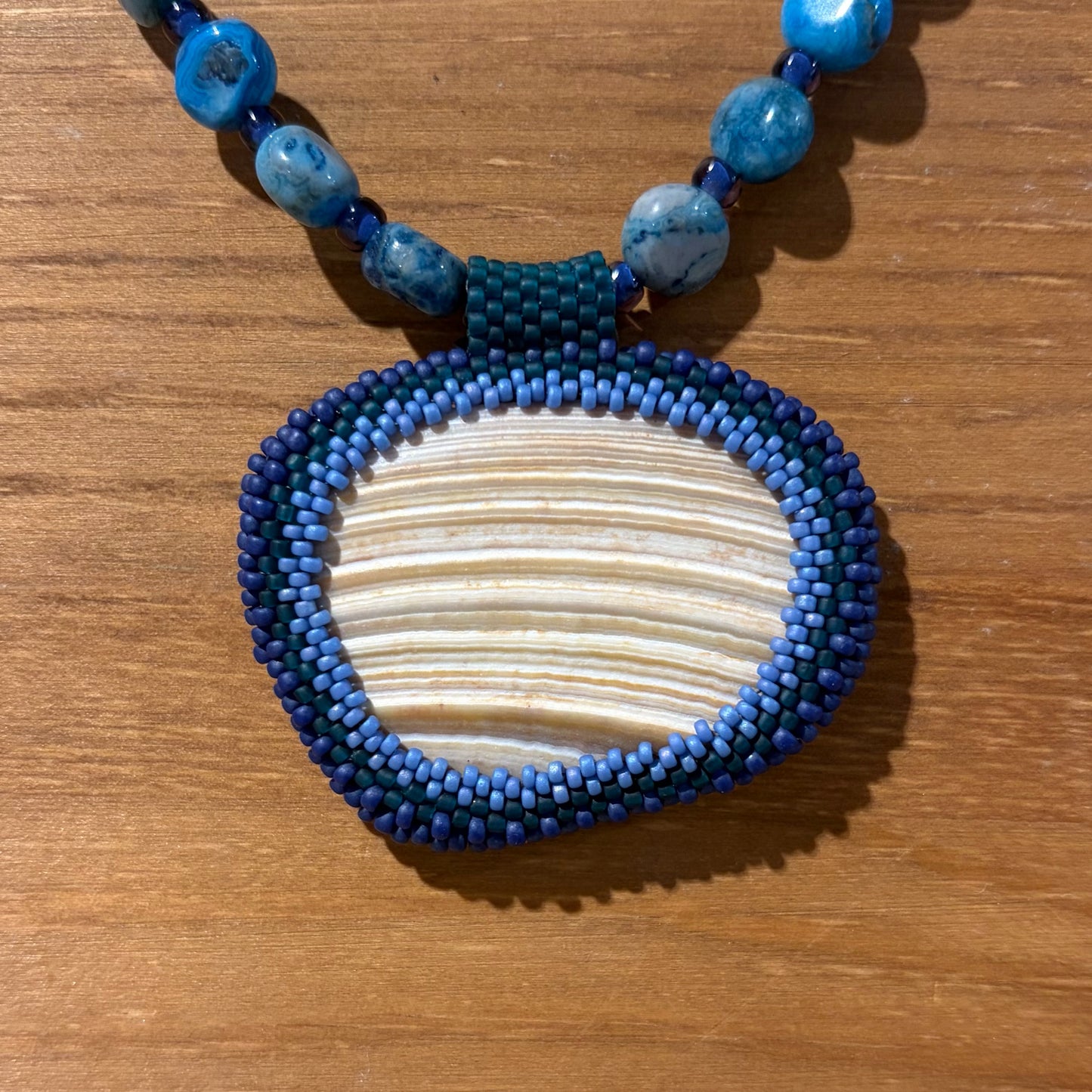 Shell Pendant W/Peyote Bezel & Blue Lace Agate, 17.5"L, Carrie Prince