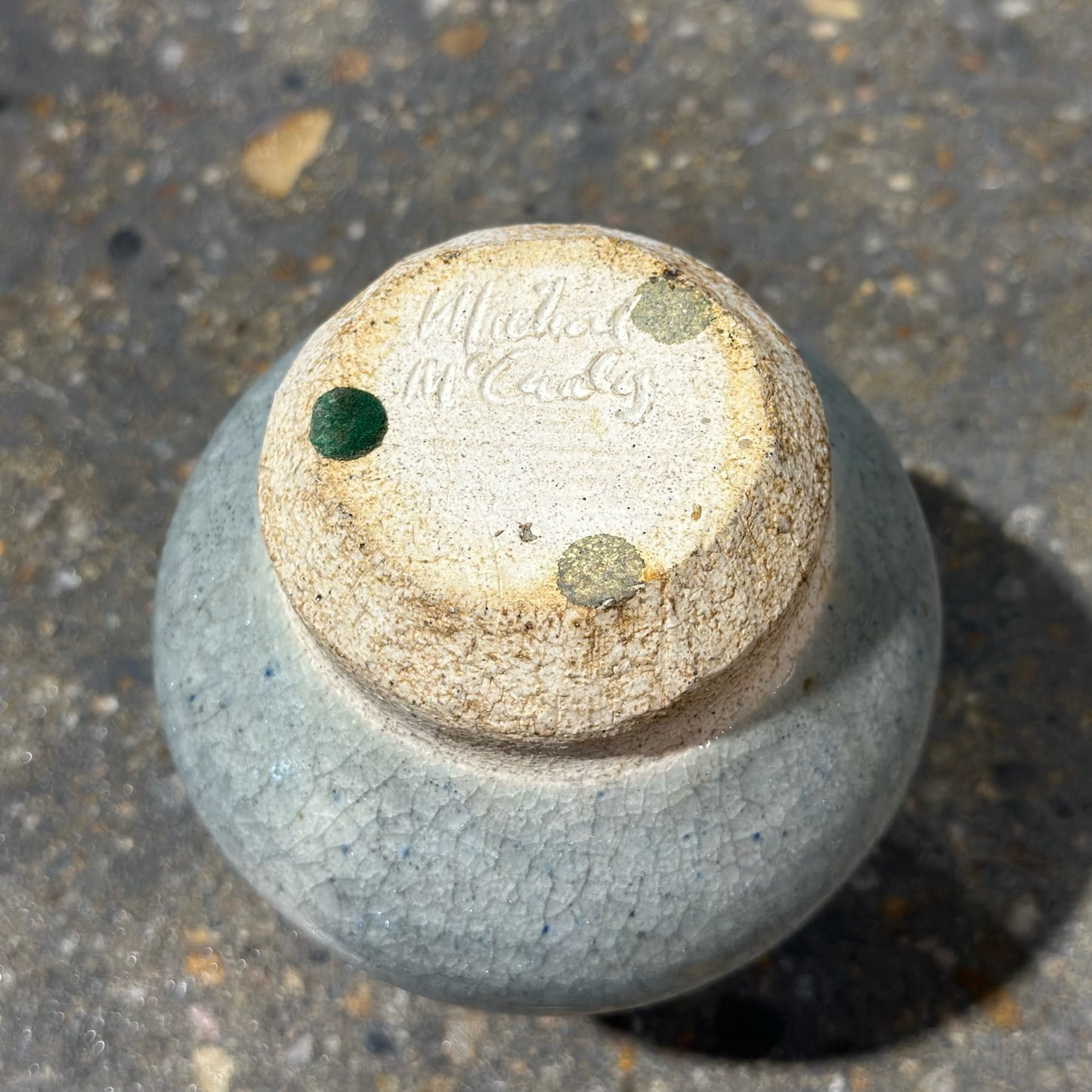 Signed Studio Pottery Bud Vase, Light Blue, 4" Dia x 4.5" H