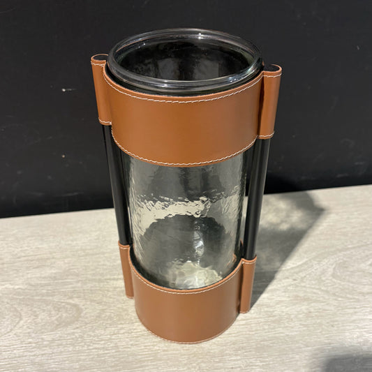 Joseph Vase, Leather & Glass, 4.5"Dia x 10"H