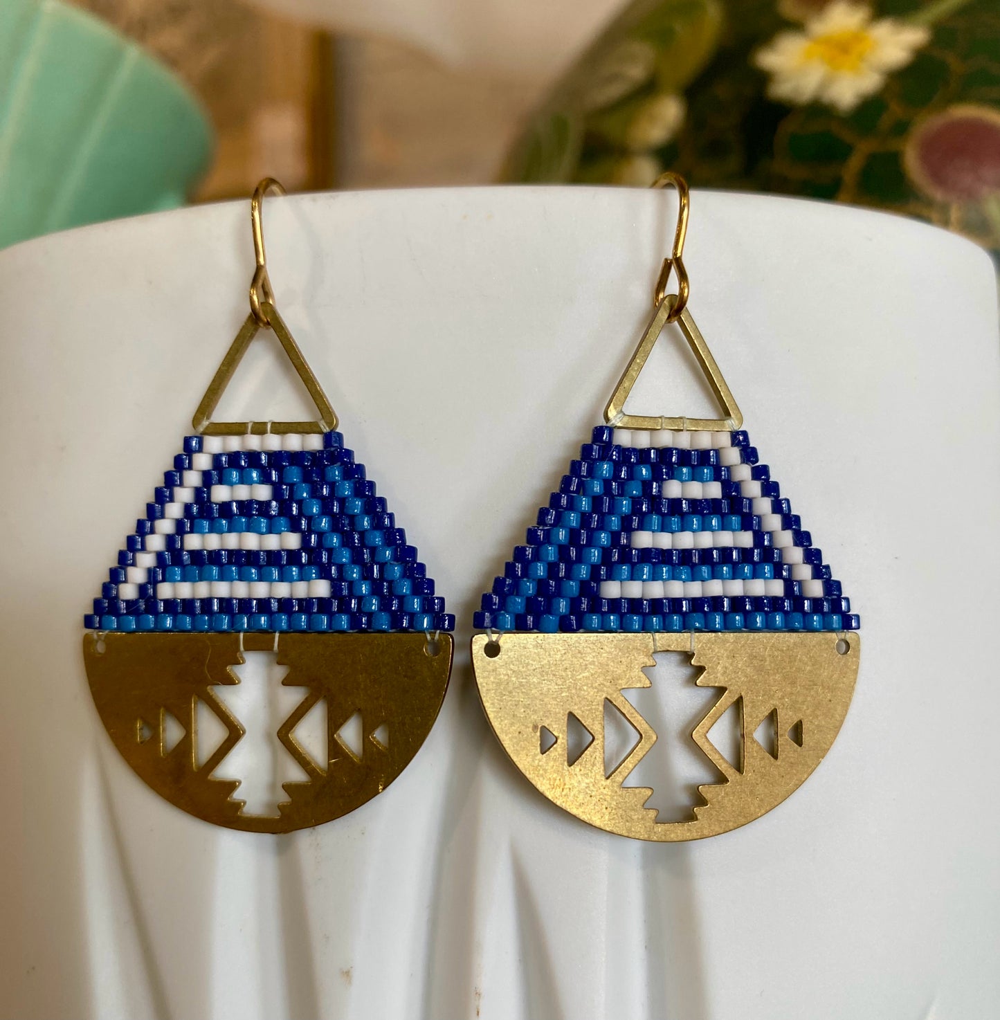 Bead & Brass Earrings, Blue & White Aztec, Carrie Price Wearable Art