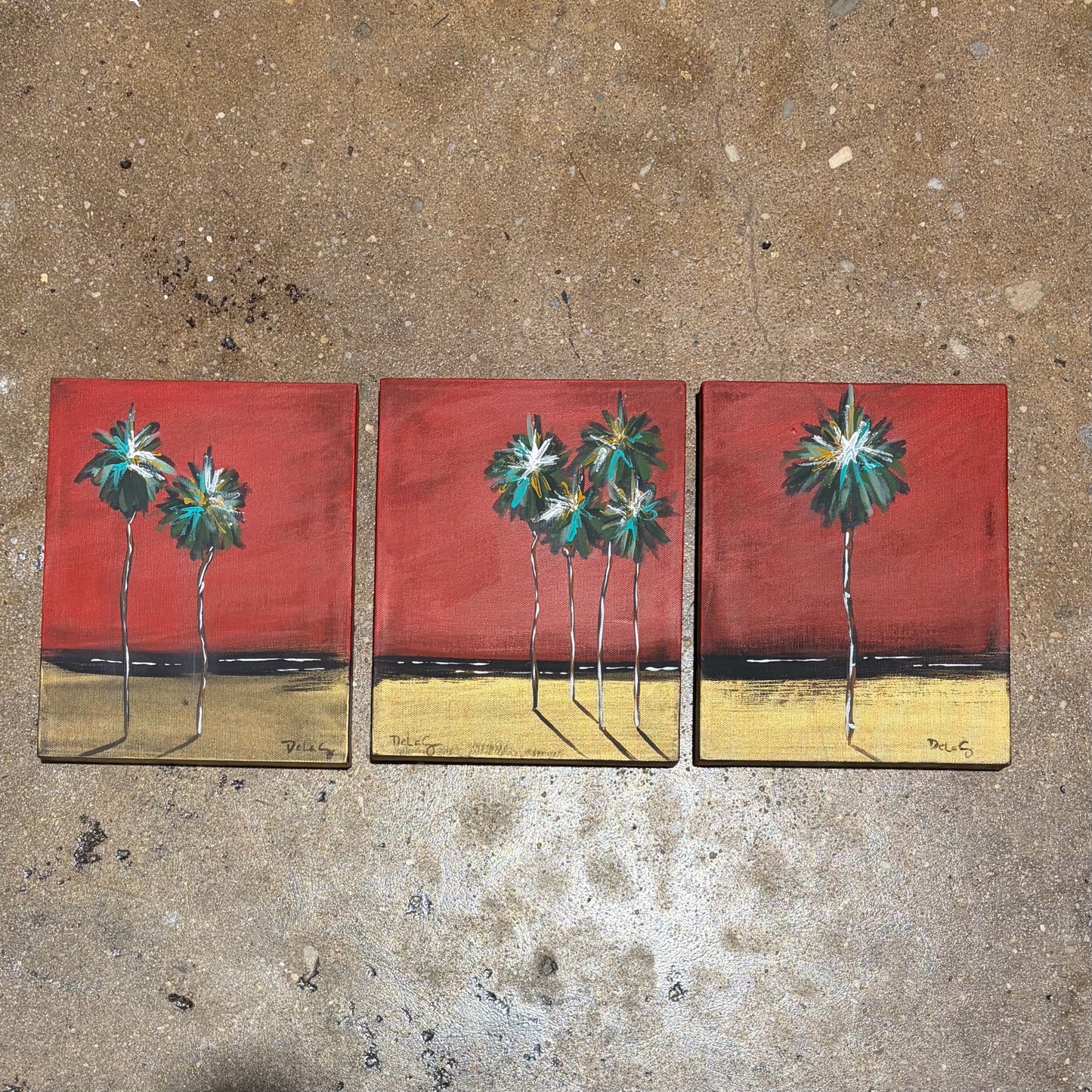Set of 3 Thin Palm Trees, Signed, 8"W x 12"H x 1"D