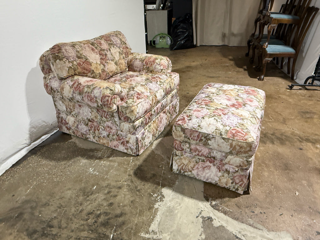 Kravet floral swivel chair & ottoman, 43"W x 36"D x 32"H