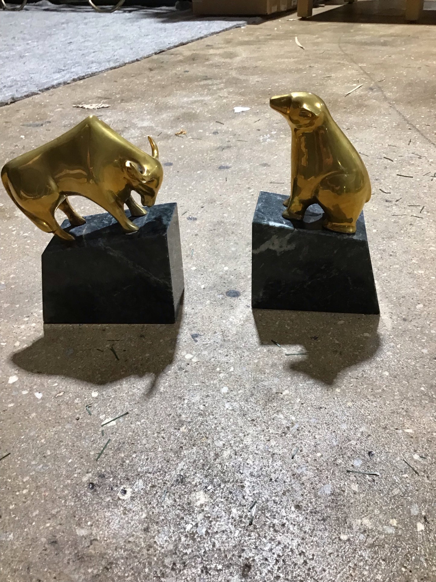 Brass Bull and Bear Bookends with Marble Base 3"Wx 5" D x 8" H