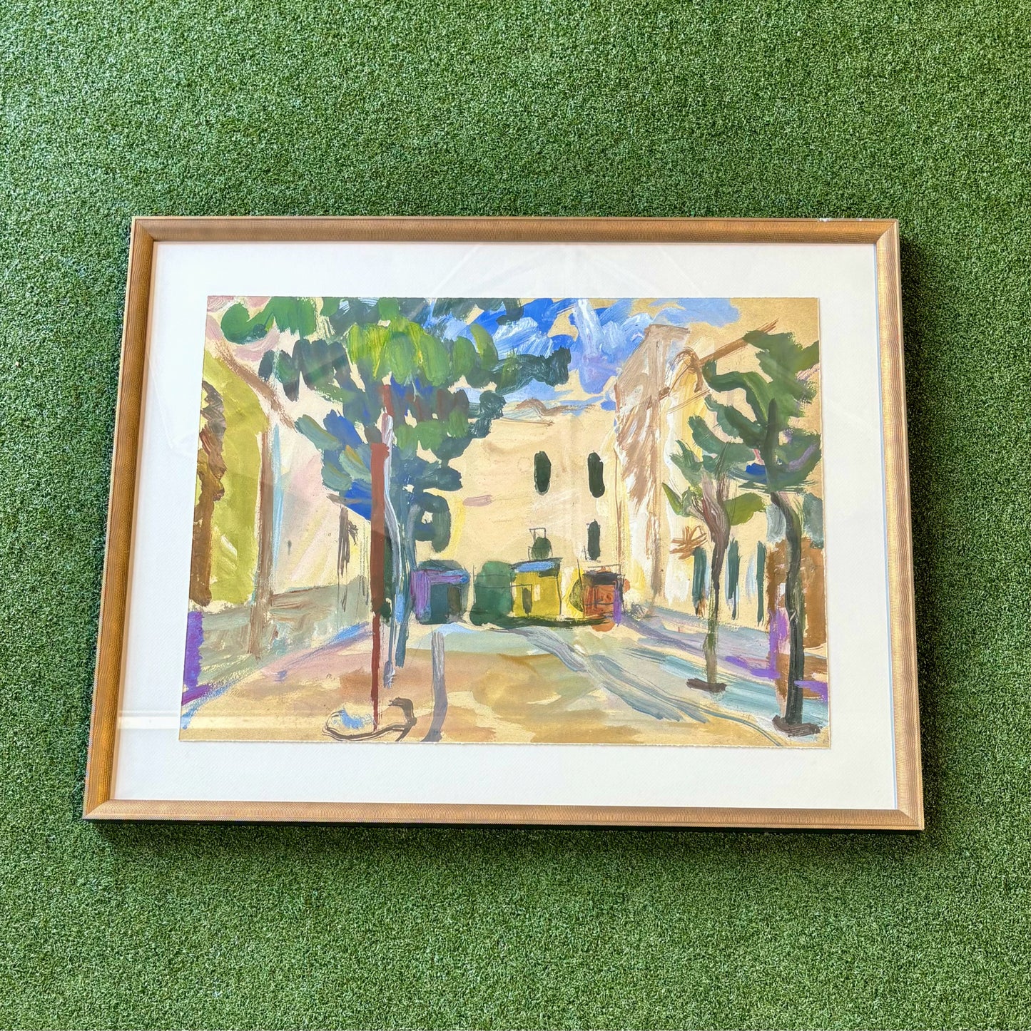 Abstract print, courtyard/trees, 24"H x 30"W