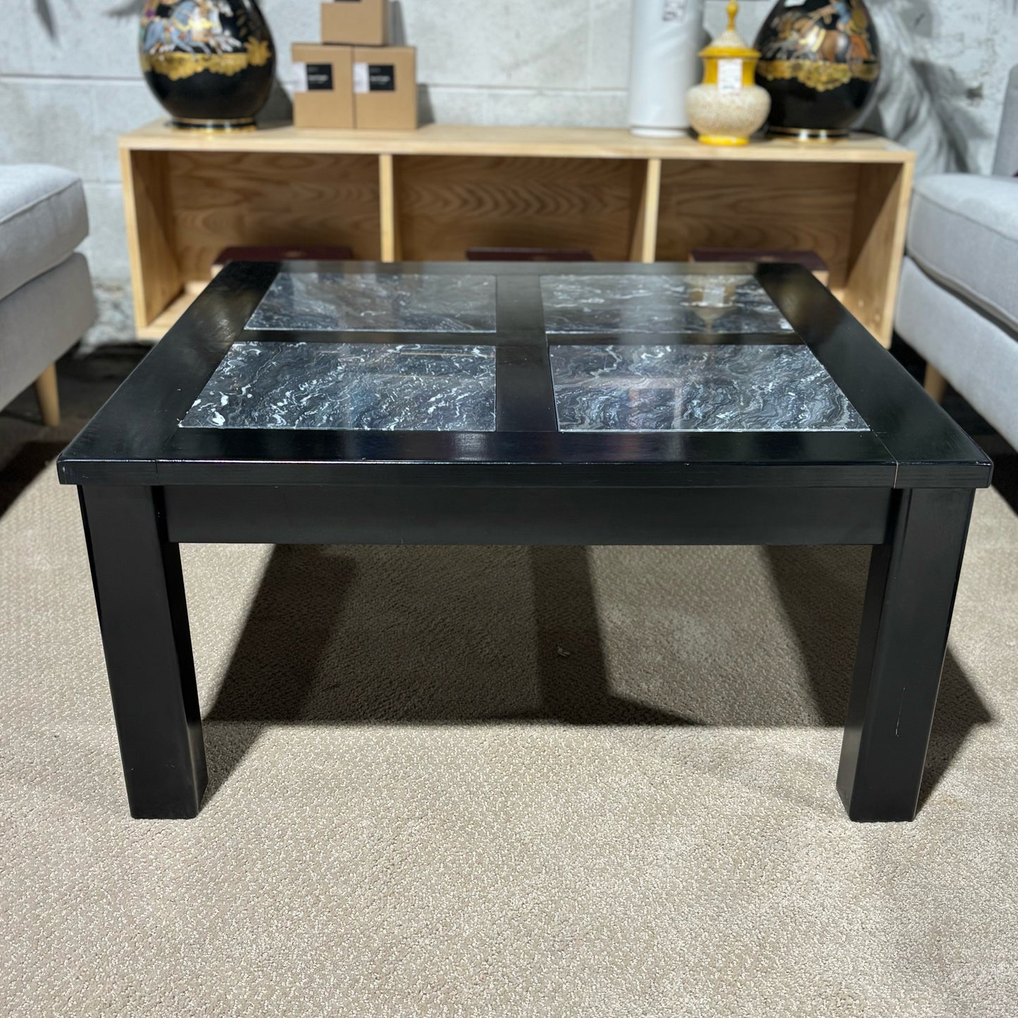 Square Coffee Table, black frame, 4 stone panels, 33" W x 33" D x 15" H