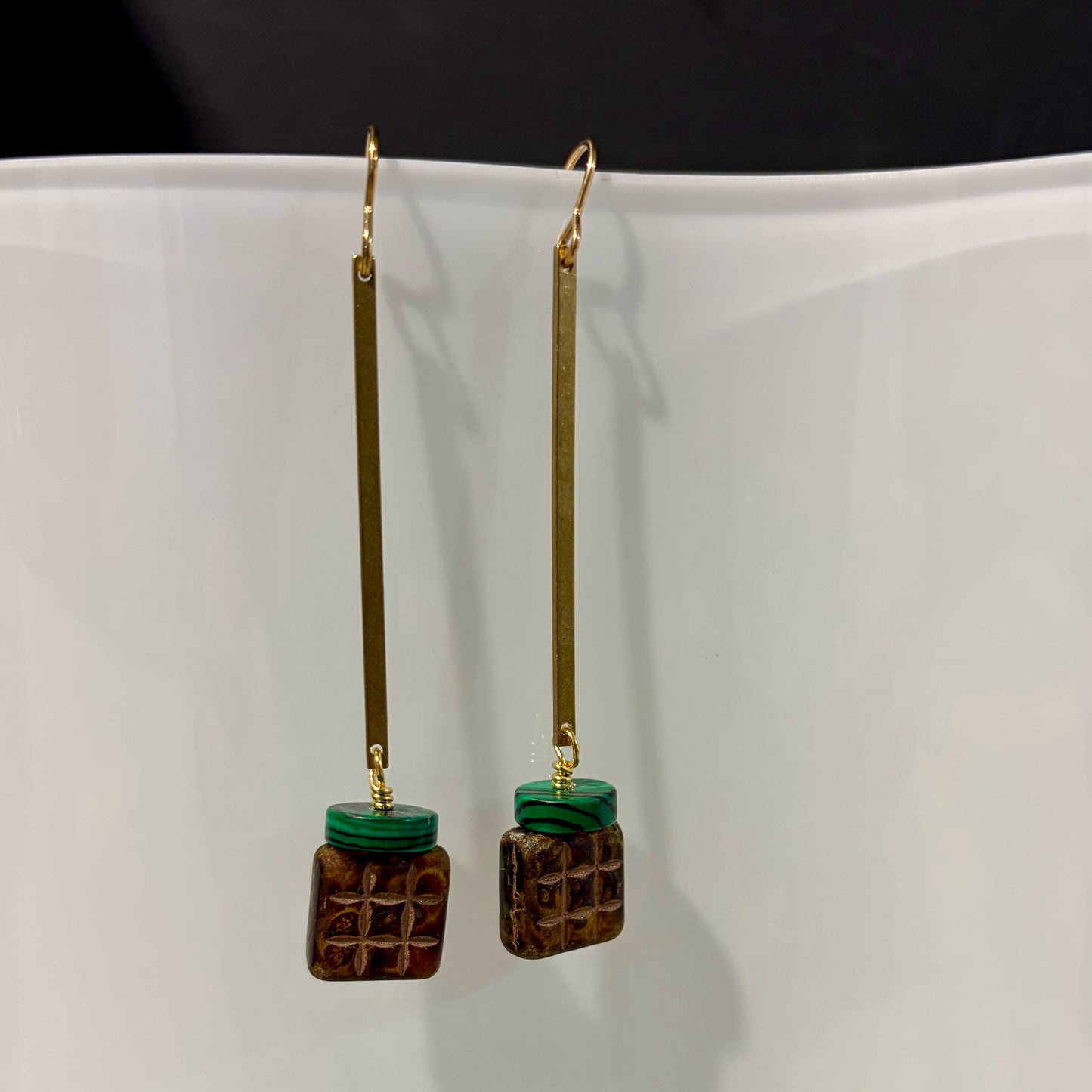 Long Brass & Bead Earrings, 3"L, Carrie Prince Wearable Art