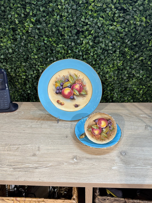 Ansley tea cup/saucer/dessert plate, aqua/gold, 8"W x 8"D x 3"H