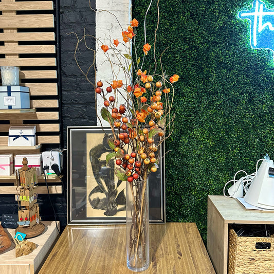 Faux Fall Foliage Arrangement in Cylindrical Glass Vase, ~16" W x ~45" H