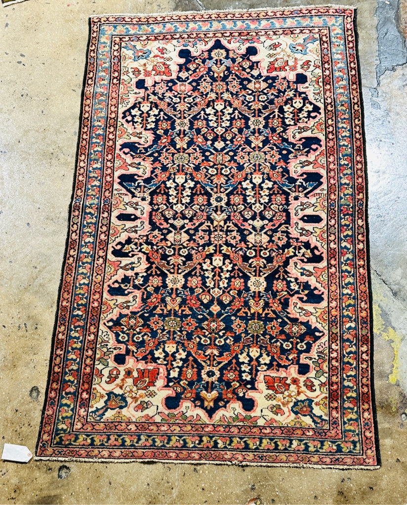 Antique Handwoven Malayer rug, Iran, cream/pink/blue, 4' x 6'7"