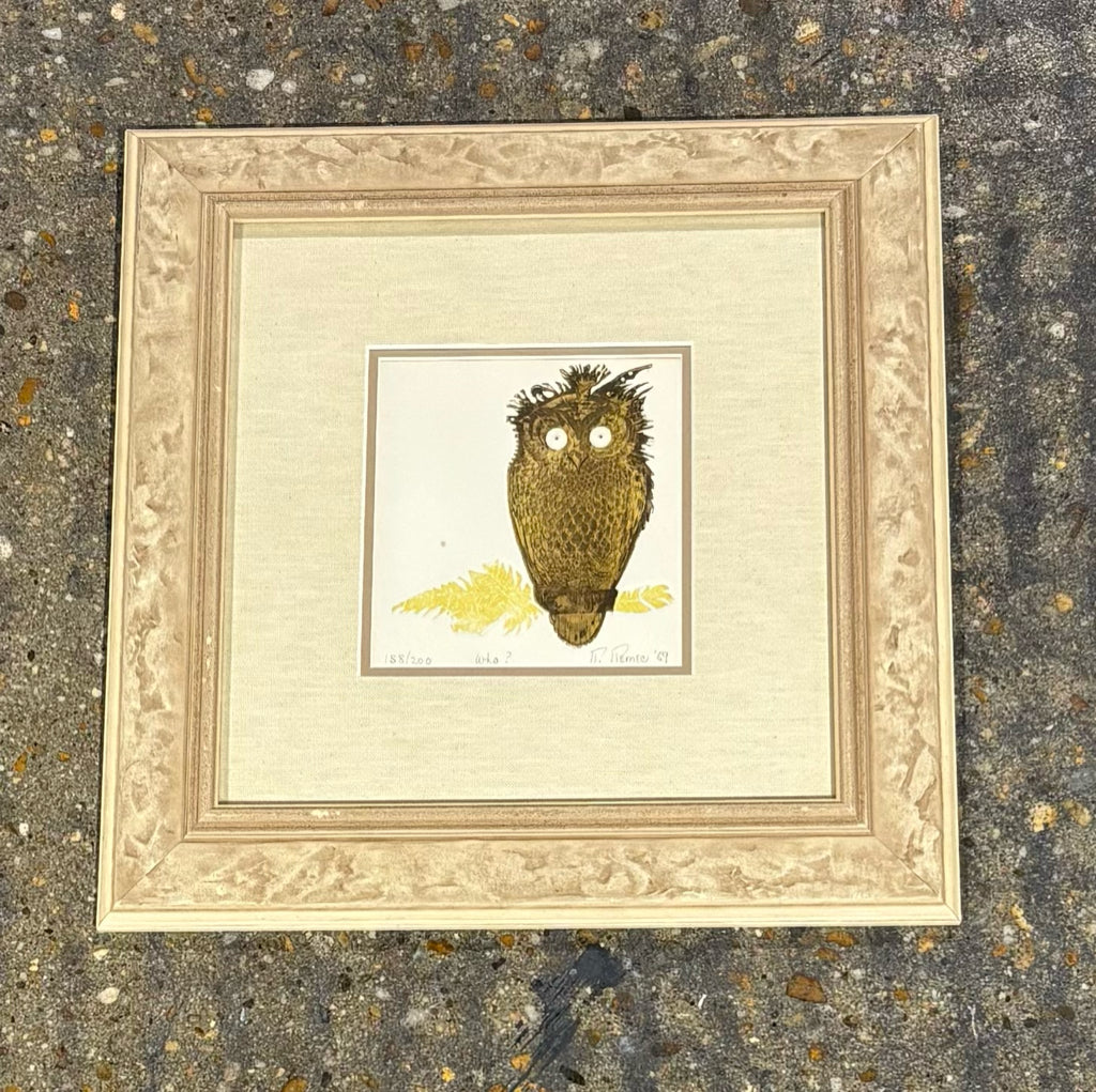"Who?" owl block print, signed/numbered, 1969, 16.5"W x 16.5"H x 1"D