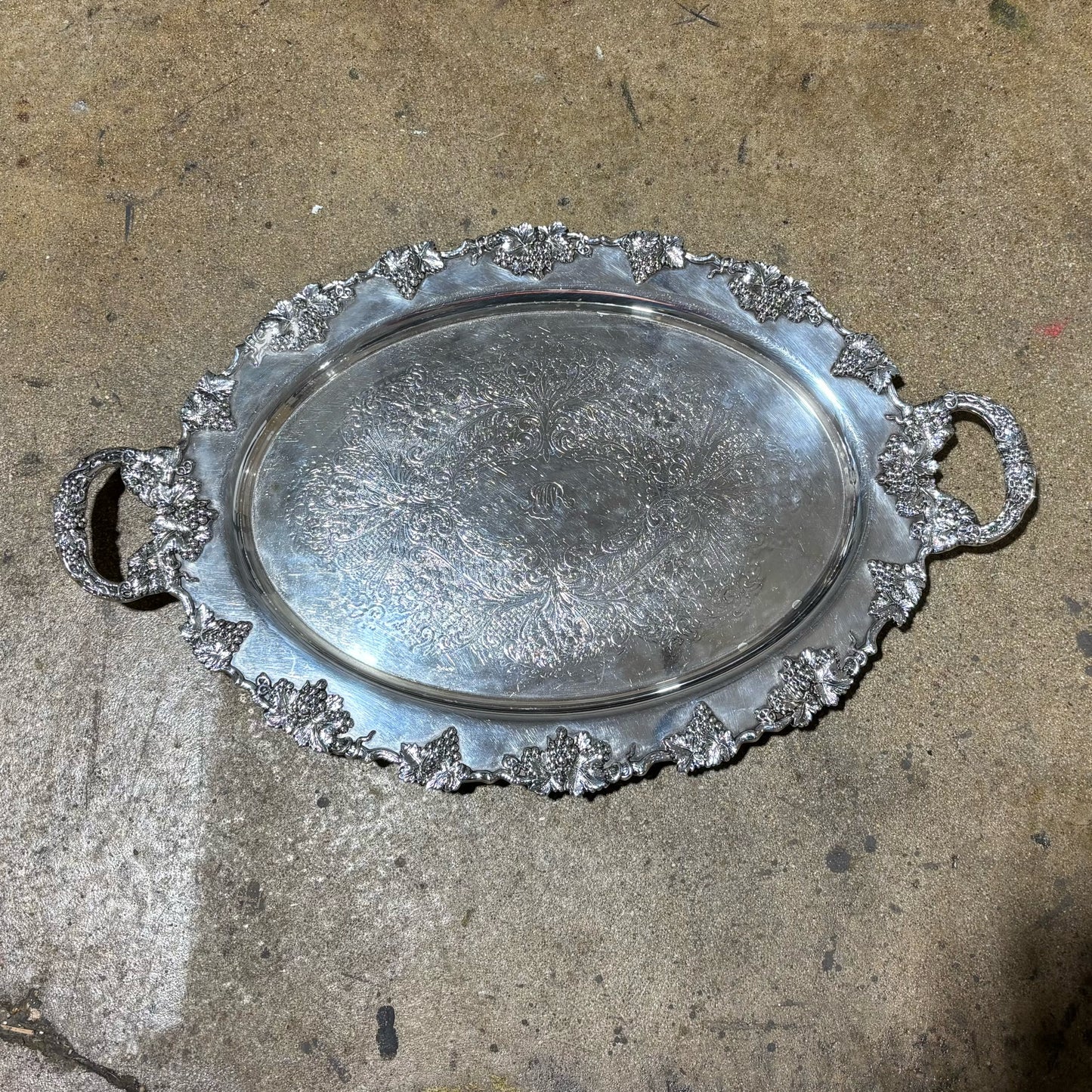 Silverplated Oval Tray w/ handles, monogram 27.5" L x 17" W x 3" H