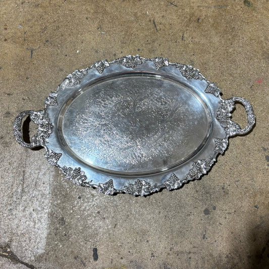 Silverplated Oval Tray w/ handles, monogram 27.5" L x 17" W x 3" H