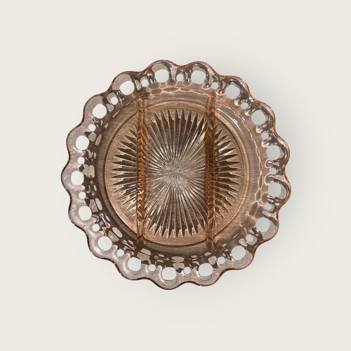 Divided Pink Glass Serving Plate, 10"Dia