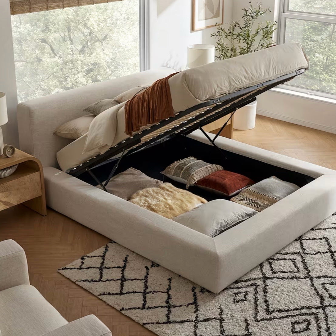 Dawson Queen Size Storage Bed, Beach Linen, 76.8"W x 98.4"D x 37"H