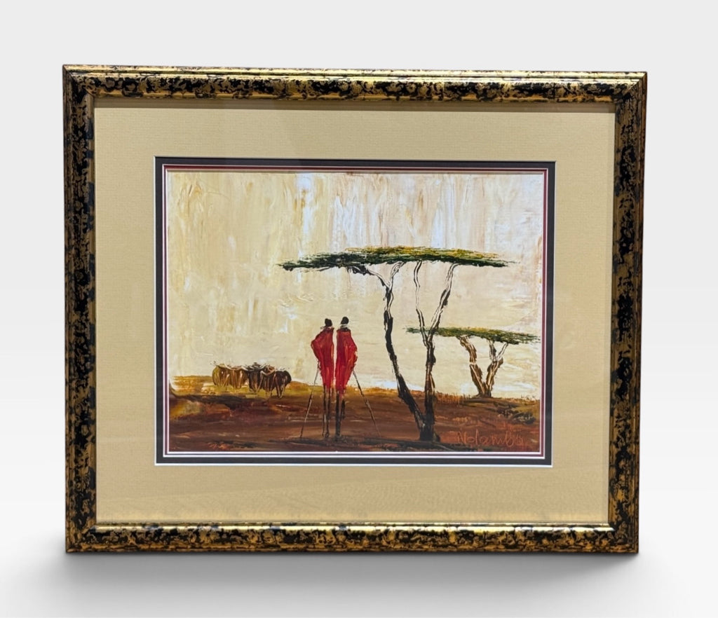 East African oil/acrylic painting, signed J. Ndambo, 18.5"W x 15.5"H