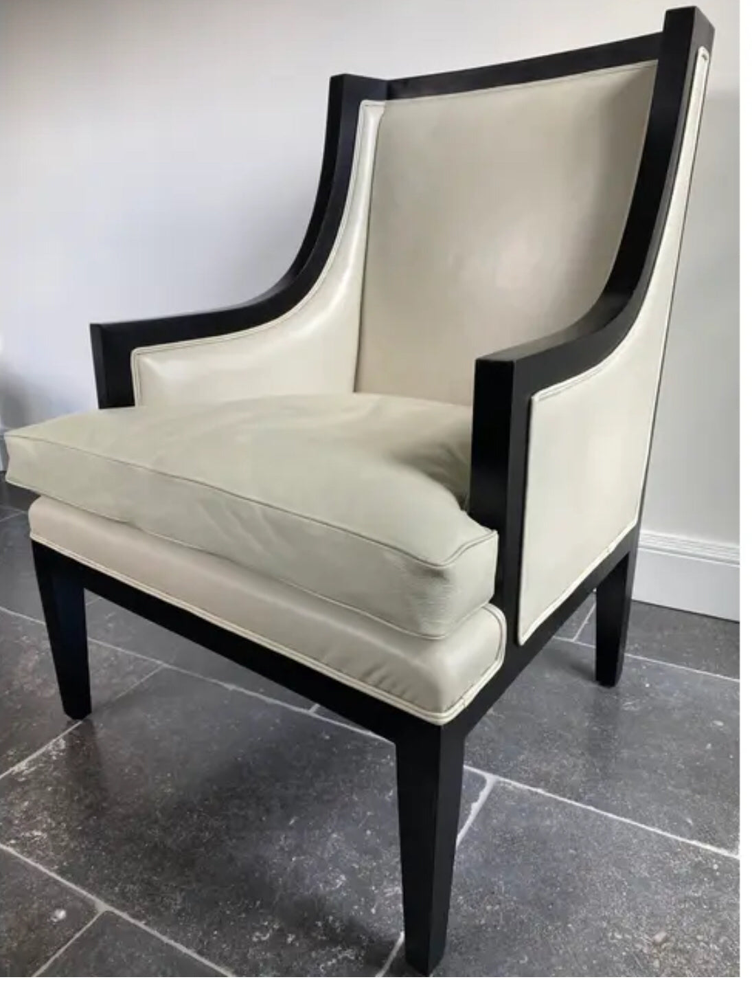 PAIR Oly studio Jacob accent chairs grey leather/ ebony finish, 29"W × 29"D × 39