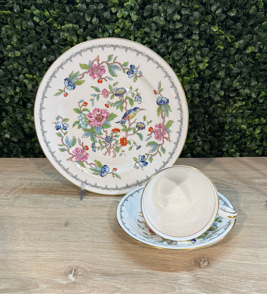Ansley tea cup/saucer/dessert plate, birds/flowers, 8"W x 8"D x 4"H