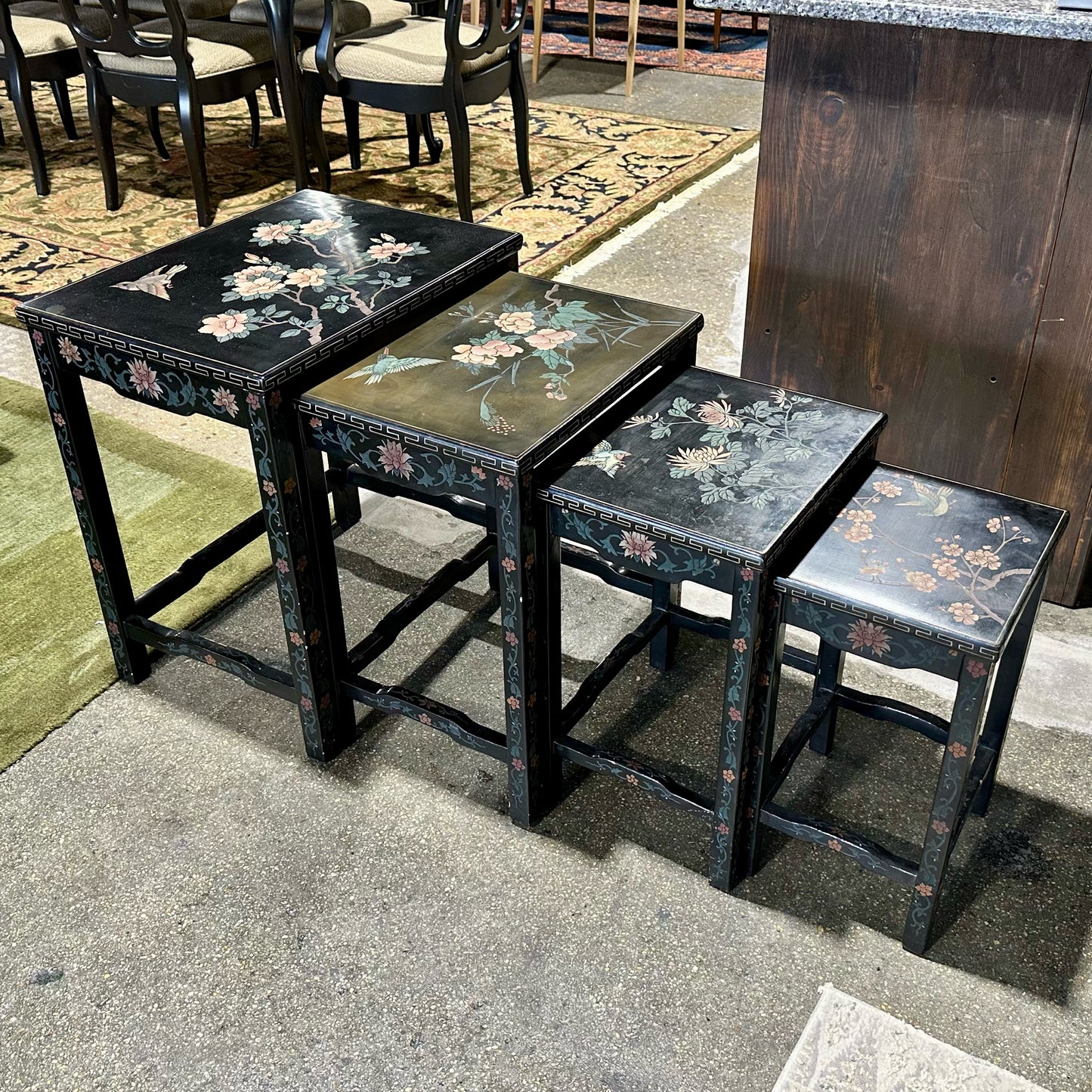 Set of 4 Black Lacquer Chinoiserie Inlaid Nesting Tables, 22" L x 16" W x 24" H