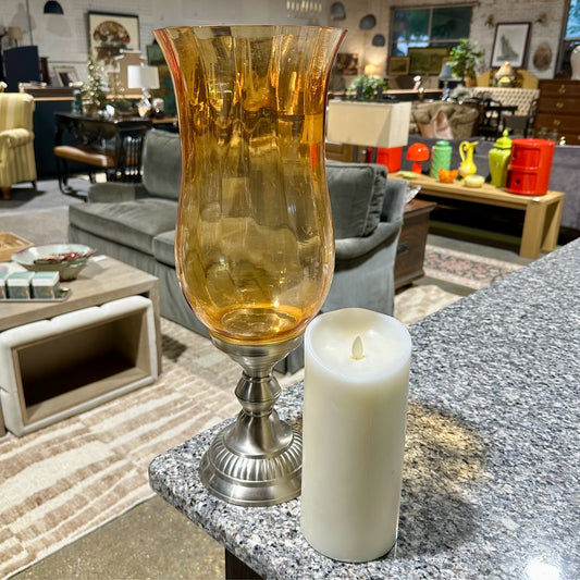 Hurricane Candleholder w/ Luminara Pillar Candle, Orange Glass, 7" Dia x 19" H