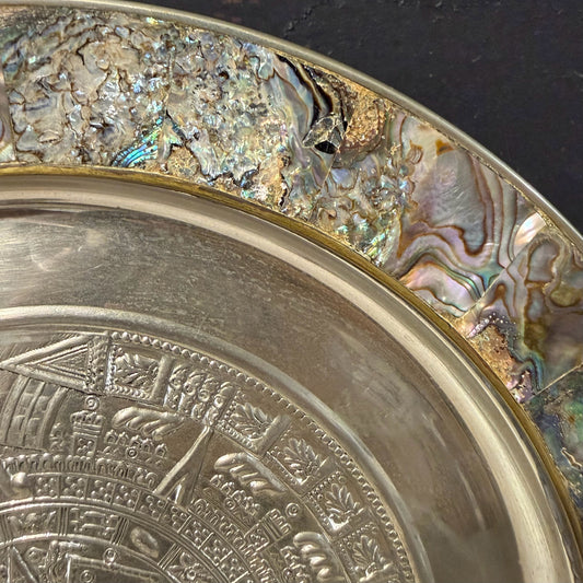 VTG Mexican Aztec Calandar, Motherof Pearl & Alpaca Silver, 11"Dia x .5"D