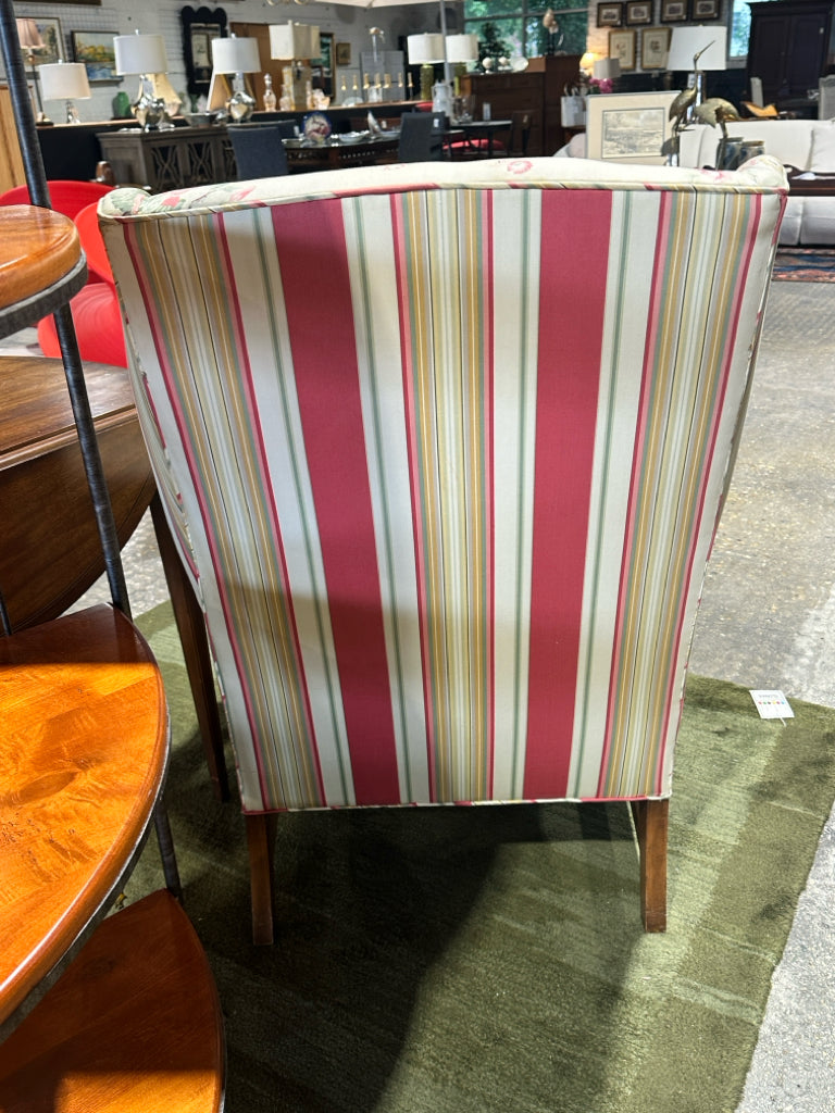Wingback chair, stripes/floral mix, 29"W x 30"D x 39.5"H
