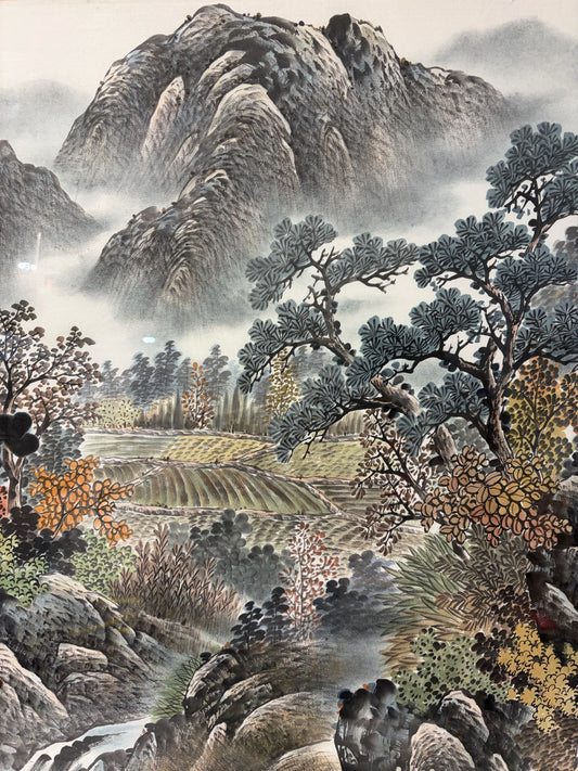 VTG Shan Shui Watercolor, "Ancient Ferry on the Autumn River" 57"W x 34.25"H