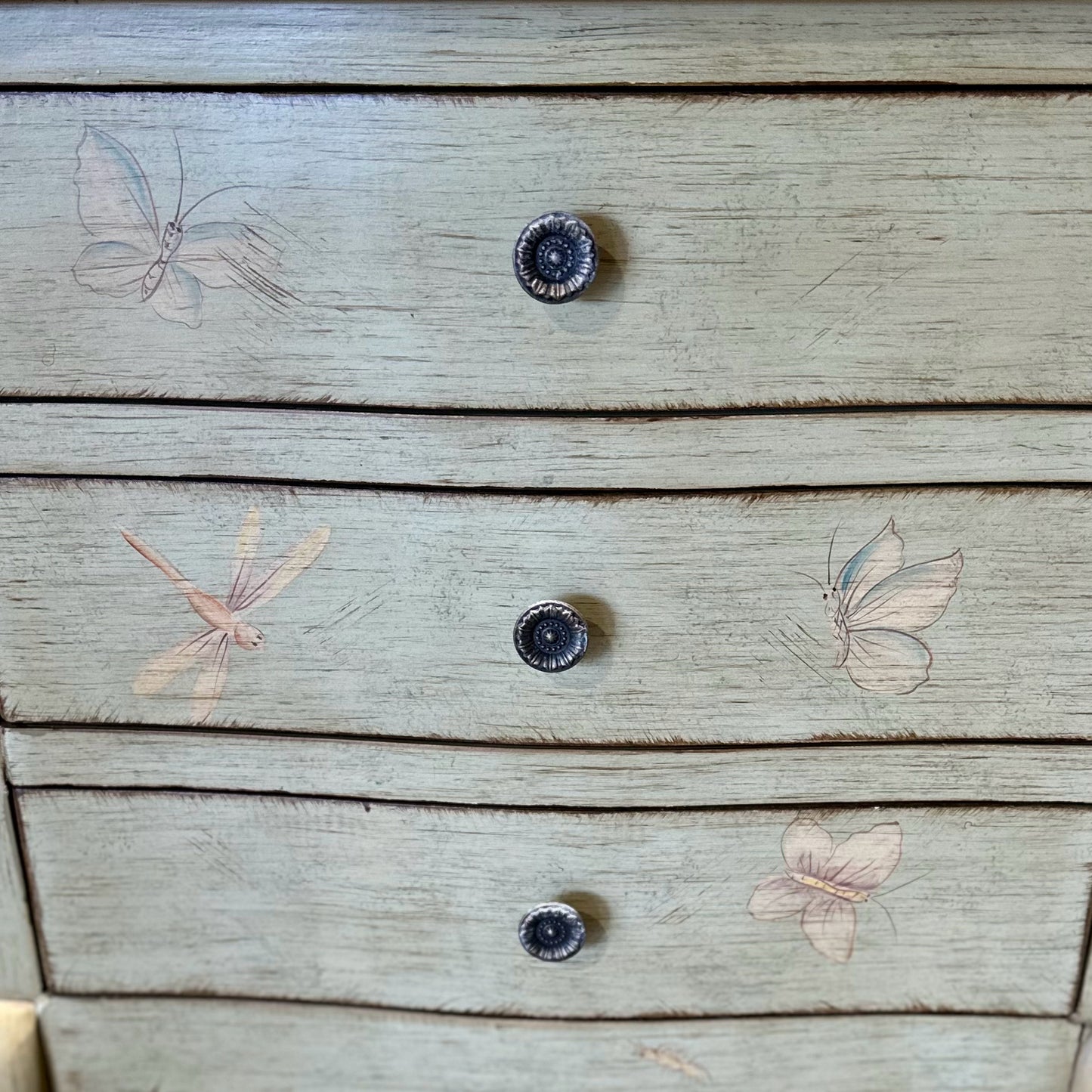 Petite Chest of Drawers, Distressed Light Green w/Insects, 24" L x 15" W x 32" H