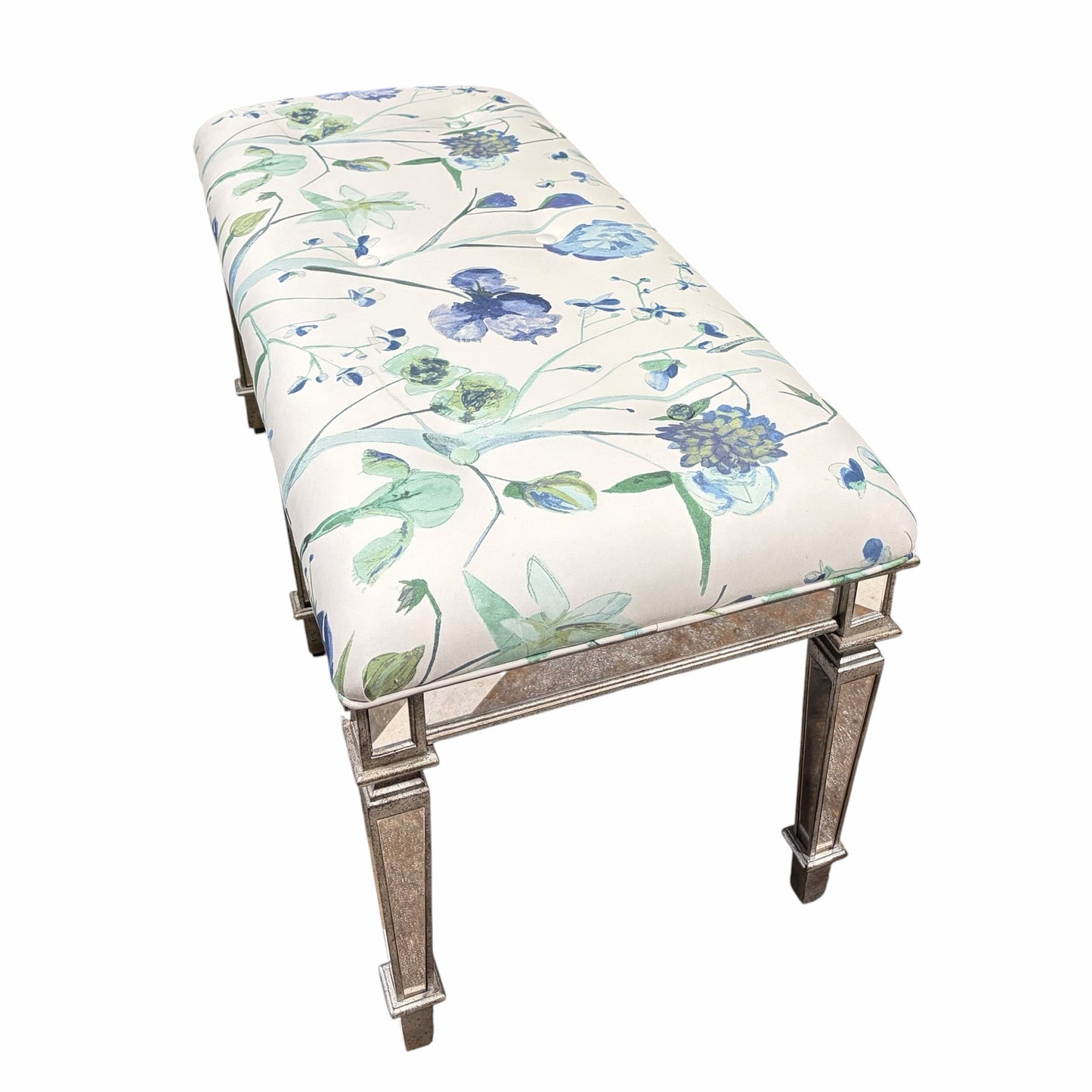 Celeste Mirrored Bench w/ Tufted Cushion, Watercolor Floral, 43"W x 19"D x 21"H